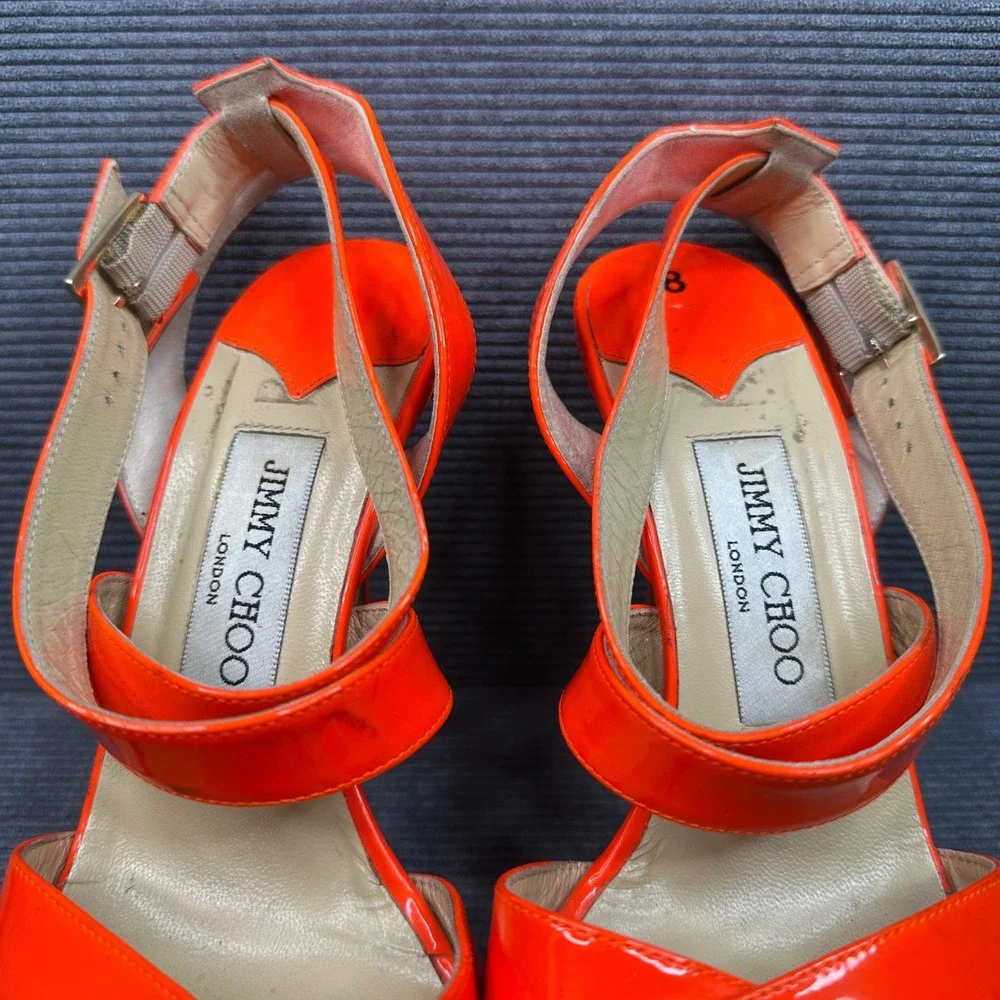 Jimmy Choo‎ Vamp Neon Orange Patent Leather Platform Sandals Stiletto Heels 38